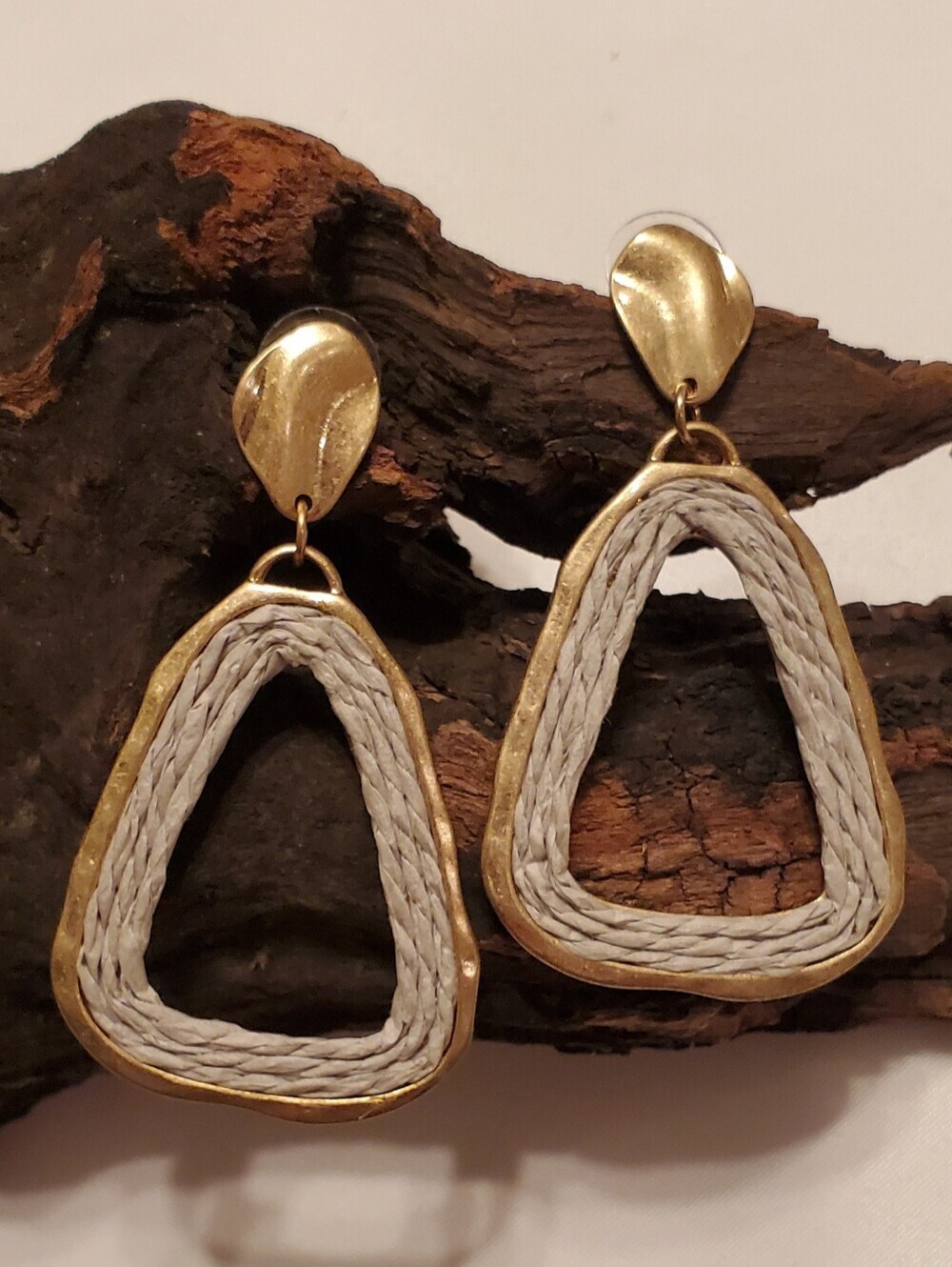 Gold Tone Geometric Triangle Drop Earrings | Woven Rope Accent | Boho Statement
